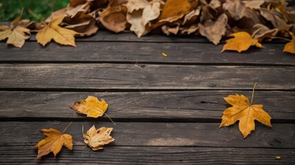 Autumn leaves scattered on a dark wooden surface with a blurred green background providing a seasonal feel