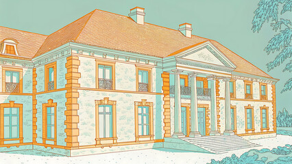 Pencil Drawing of European Classic Stone House with Architectural Precision