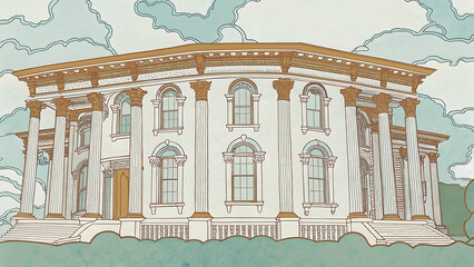Pencil Drawing of Antique Manor House with Ornate Columns and Arched Windows