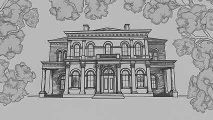 Pencil Drawing of Antique Manor House with Ornate Columns and Arched Windows