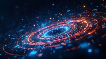 Fototapeta premium Futuristic glowing ring in dark blue space with orange and blue lights