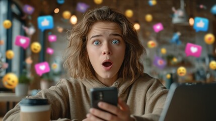 A surprised young Caucasian woman with wavy brown hair reacts to viral content on her smartphone. Social media icons float around her in a cozy cafe setting. Trendjacking, meme marketing