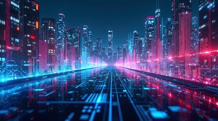 Stock market analysis, holographic financial charts, neon data visualization.