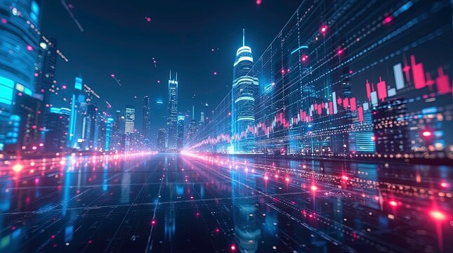 Stock market analysis, holographic financial charts, neon data visualization.