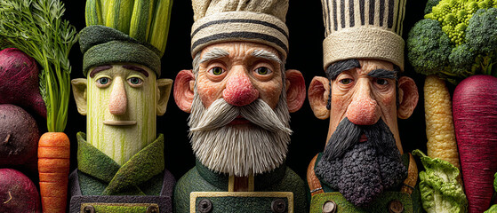 Three vegetable chefs with hats and beards surrounded by beets carrots and broccoli on black