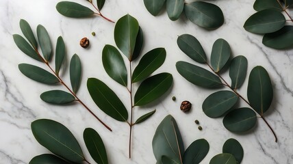 Arrangement of eucalyptus leaves and small brown seeds on a white marble surface creating a calming effect