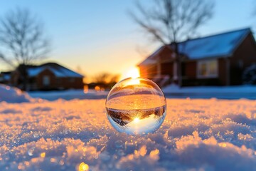 Frozen water bubble with sunset glow and snow-covered houses in the background