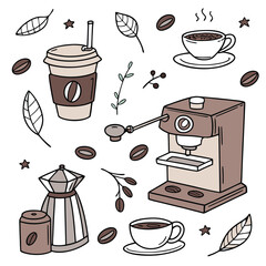 Illustration of coffee themed elements including coffee makers cups beans and leaves artfully arranged