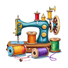 Vintage Sewing Machine with Colorful Thread Spools Illustration