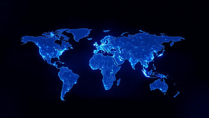 Blue digital world map with glowing network lines and data points, ideal for global communication and information technology themes