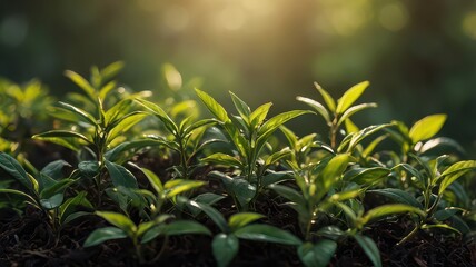Close up of young green plants growing in soil with sunlight shining in the background outdoors