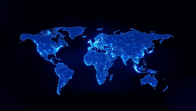 Blue digital world map with glowing network lines and data points, ideal for global communication and information technology themes