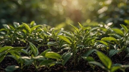 Close up view of green plants growing in soil with sunlight filtering through the background bokeh effect