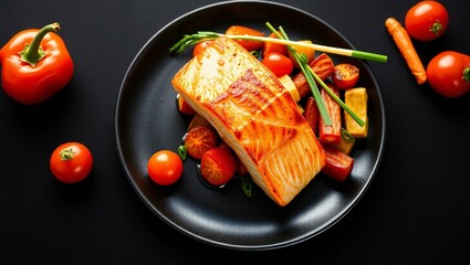 Gourmet pan seared salmon with cherry tomatoes and baby carrots
