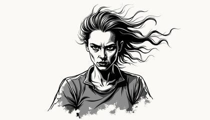 Intense woman with flowing hair expressing determination
