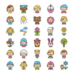 Collection of cute cartoon children animals flowers and sun icons