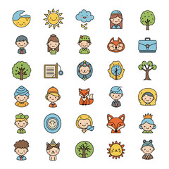 Collection of cute kawaii style illustrations featuring people animals and nature elements