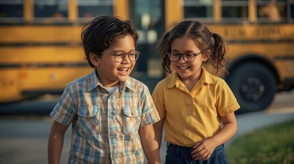 Diverse Young Students Walking to School Smiling with Backpacks, School Bus in Background