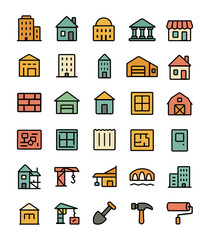 Collection of colorful flat icons representing buildings construction and architectural elements