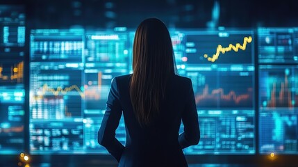 A businesswoman standing in front of a digital financial dashboard tracking global market trends 