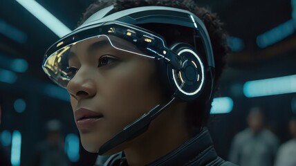 Close up of a person wearing a futuristic headset with a visor and microphone attachment in a dim setting