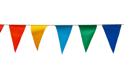 A row of colorful flags are hanging from a line