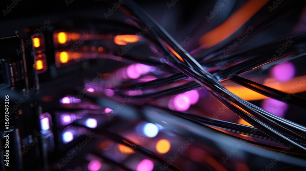 Poster closeup of a hightech server rack bathed in soft glow with vibrant led indicators and tangled wires 