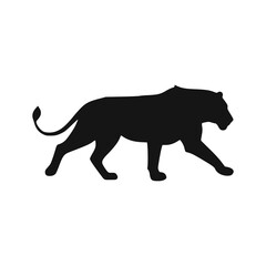 Obraz premium Black silhouette of a walking lion, side view, against a white background.