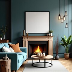 Modern teal living room with fireplace blank canvas and teal sofa interior design product view