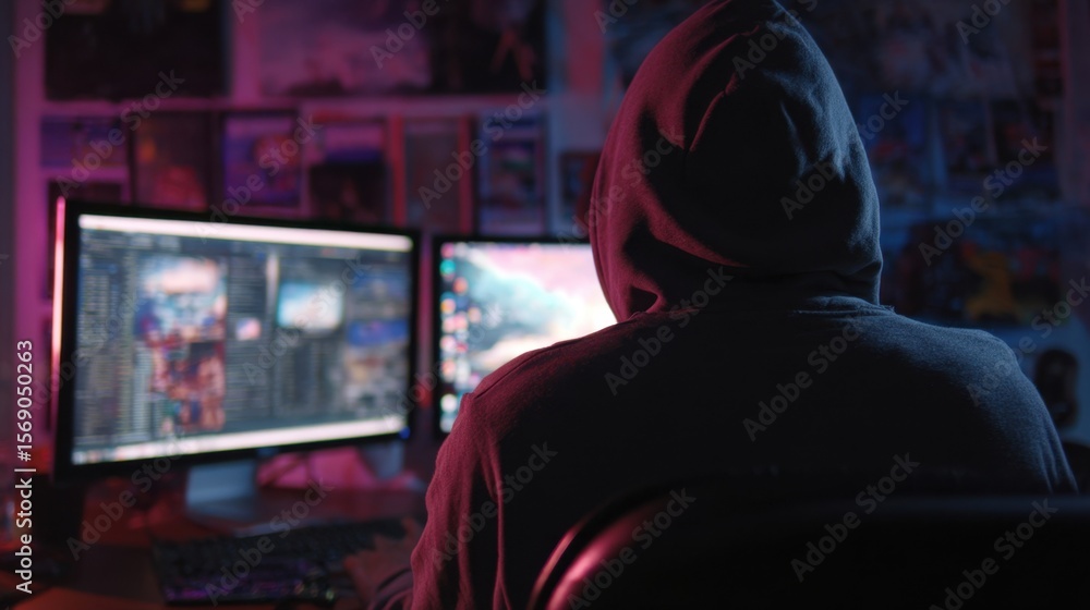Poster in an obscured workspace a hooded hacker engrosses themselves in digital warfare orchestrating sophi