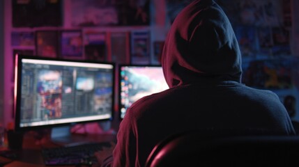 Obraz premium In an obscured workspace a hooded hacker engrosses themselves in digital warfare orchestrating sophisticated cyber operations across dual monitors. The interplay of shadows and light