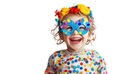 A giggling toddler celebrates carnival with confetti shirt bright mask and flower headband on black