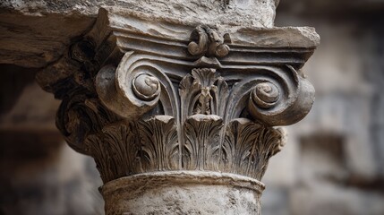 Ancient Roman column capital with classical details. Jurisprudence aesthetic