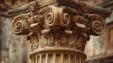 Ancient Roman column capital with classical details. Jurisprudence aesthetic
