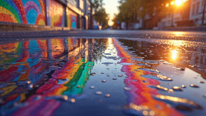 Colorful Rainbow Street Reflections in Puddle at Sunset