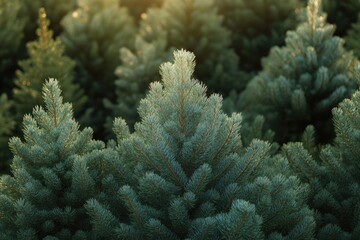 Lush green pine trees bask in warm golden sunlight, creating ser