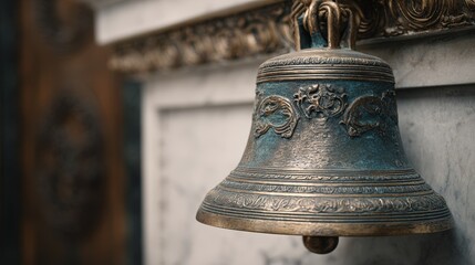 Fototapeta premium Brass courthouse bell with vintage patina finish. Legal institution concept