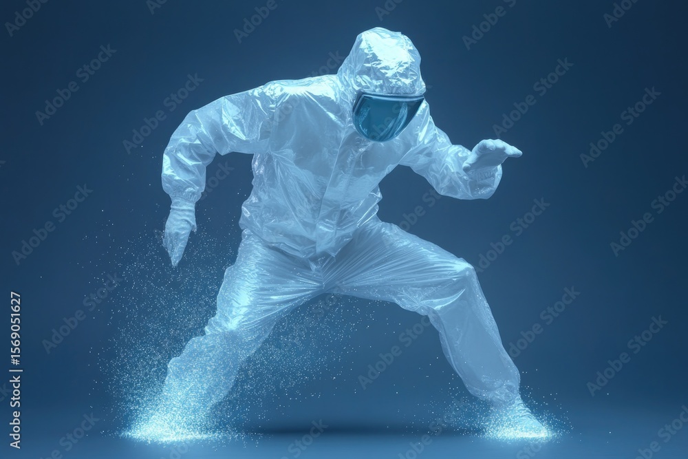 Poster dynamic figure in futuristic suit, surrounded by shimmering part