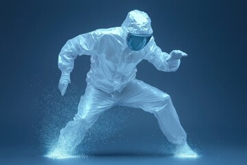 Dynamic figure in futuristic suit, surrounded by shimmering part