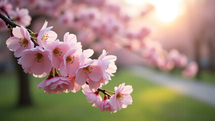 Fototapeta premium Beautiful Cherry Blossoms Blooming in Early Spring Park with Clear Blue Sky