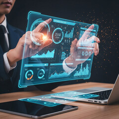 Man using advanced holographic touchscreen interface with digital data display