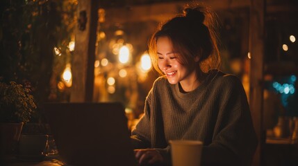 Asian woman using laptop in cozy coffee shop, smiling while typing, warm ambient lighting, coffee cup beside her, casual outfit, freelance remote work concept