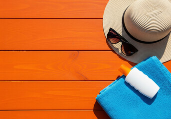 Bright flat lay of beach items on orange wooden background