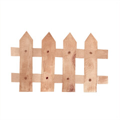 Wooden, fence made with pointed at the top. Rustic hedge, garden. Hand drawn vintage style watercolor illustration, isolated object. For greeting cards, printable, stickers,website footers.