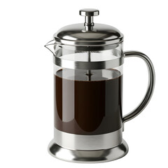 Shiny Stainless Steel French Press Coffee Maker with Dark Brew.