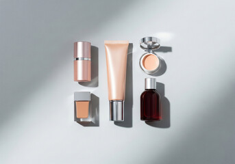 Cosmetic skincare and makeup products arranged on grey background
