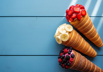 Colorful fruit-topped chimney cakes arranged on vibrant blue wooden background