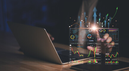 Concept of businessman with chart including data visualization, growth analysis, financial trends, dashboard metrics, and infographic reports for smart business strategy and planning.