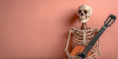 Skeleton holding guitar against pink background