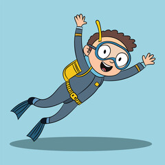 The happy diver boy is reaching the seabed with the great action cartoon vector illustration
